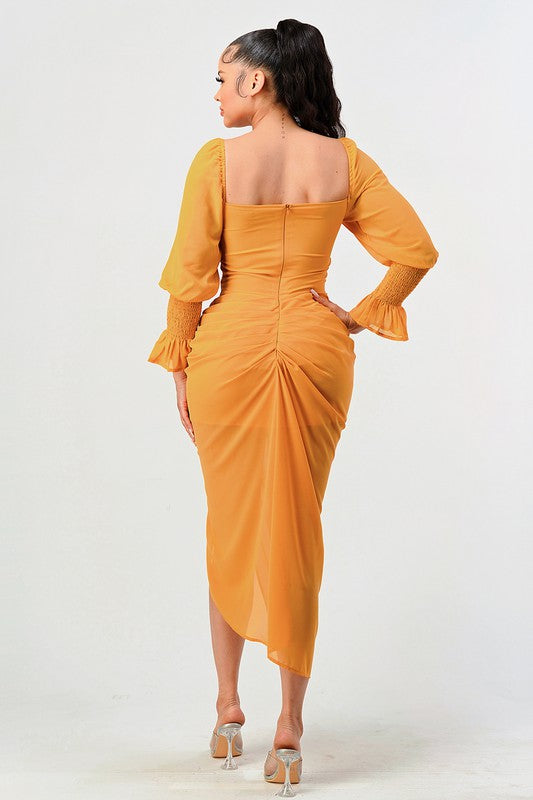 Summer solid yellow long sleeve chiffon dress YELLOW by Athina | Fleurcouture