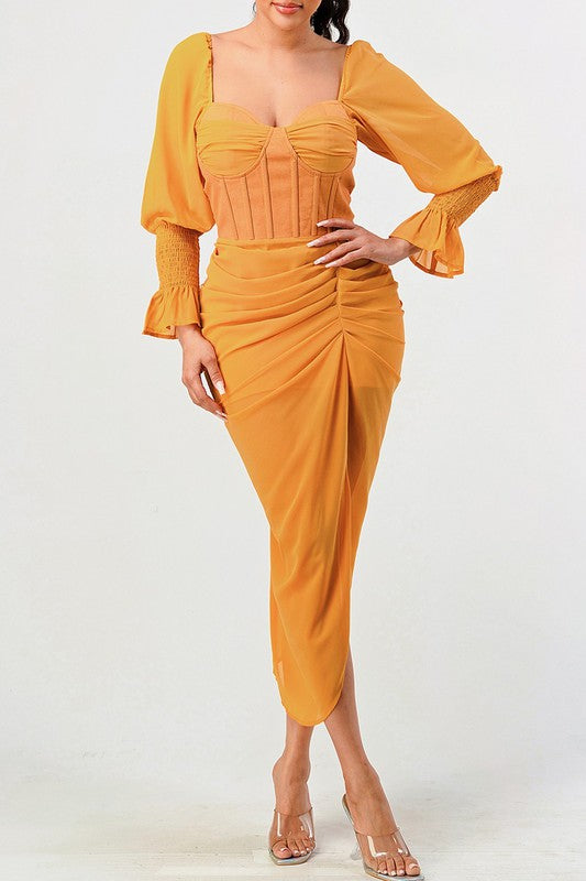 Summer solid yellow long sleeve chiffon dress YELLOW S by Athina | Fleurcouture