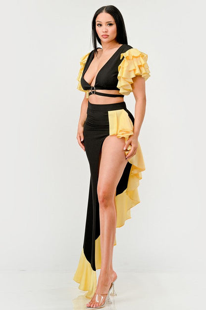 Sunset Ruffle Glamour Gown BLACK/GOLD by Athina | Fleurcouture