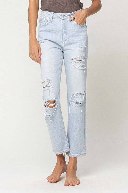 Super High Rise Distressed Crop Straight Jeans YOUTH 24 by VERVET by Flying Monkey | Fleurcouture