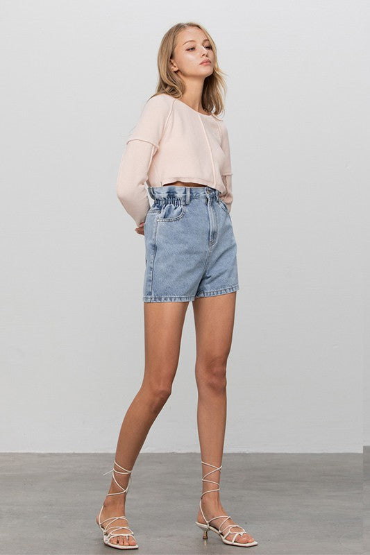 Super High Rise Elastic Waistband Denim Shorts LIGHT by Denim Lab USA | Fleurcouture