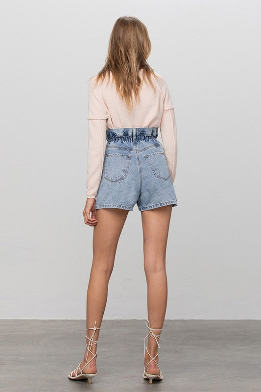 Super High Rise Elastic Waistband Denim Shorts LIGHT by Denim Lab USA | Fleurcouture