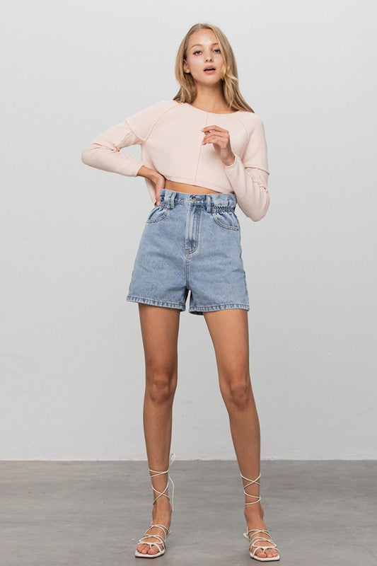 Super High Rise Elastic Waistband Denim Shorts LIGHT by Denim Lab USA | Fleurcouture