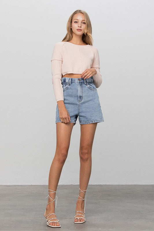 Super High Rise Elastic Waistband Denim Shorts LIGHT by Denim Lab USA | Fleurcouture