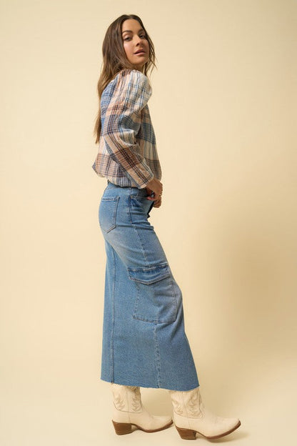 SUPER MAXI CARGO SKIRT MEDIUM DENIM by Denim Lab USA | Fleurcouture