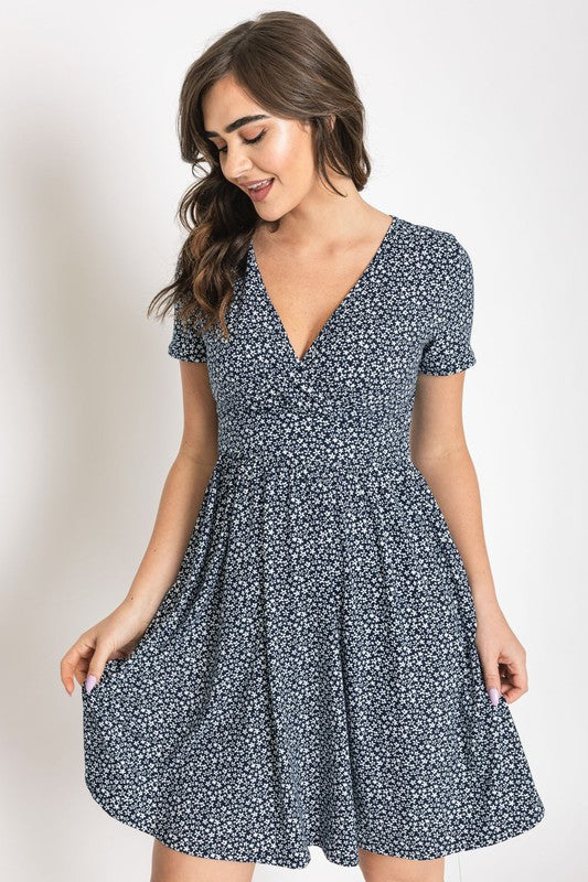 Surplice Ditsy Floral Midi Dress Navy S by EG fashion | Fleurcouture
