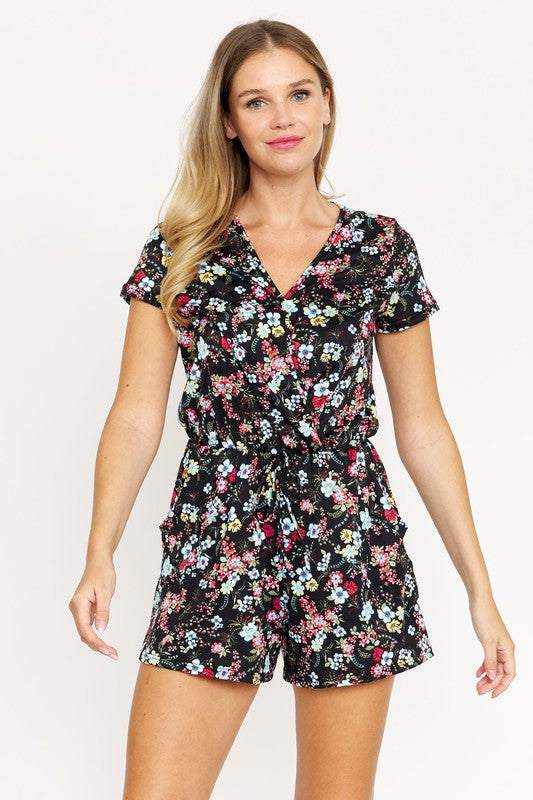 Surplice Drawstring Floral Romper Black by EG fashion | Fleurcouture