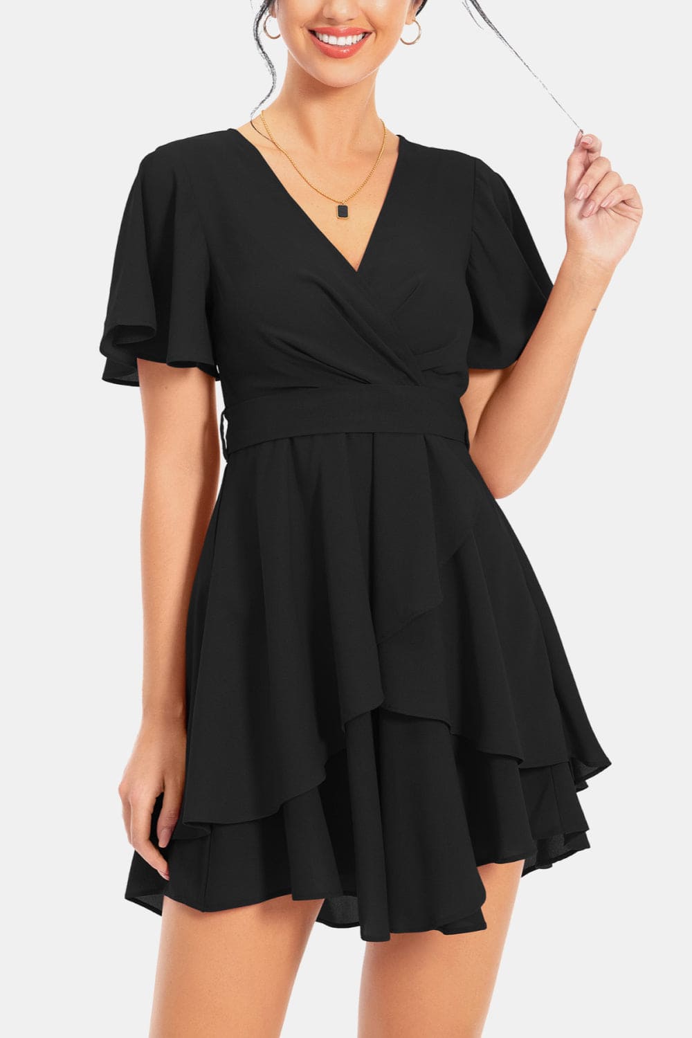 Surplice Neck Flutter Sleeve Dress Black S by Trendsi | Fleurcouture