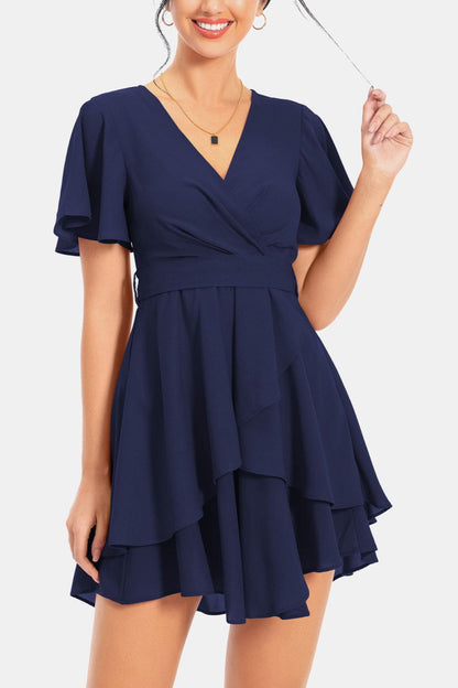 Surplice Neck Flutter Sleeve Dress Dark Navy S by Trendsi | Fleurcouture