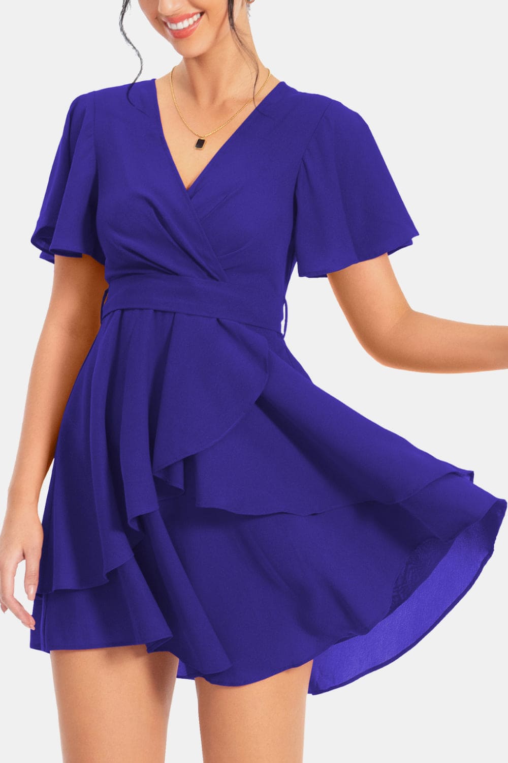 Surplice Neck Flutter Sleeve Dress Royal Blue S by Trendsi | Fleurcouture