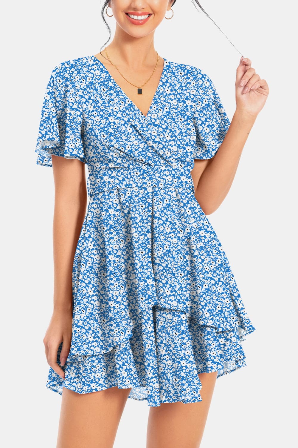 Surplice Neck Flutter Sleeve Dress Sky Blue S by Trendsi | Fleurcouture