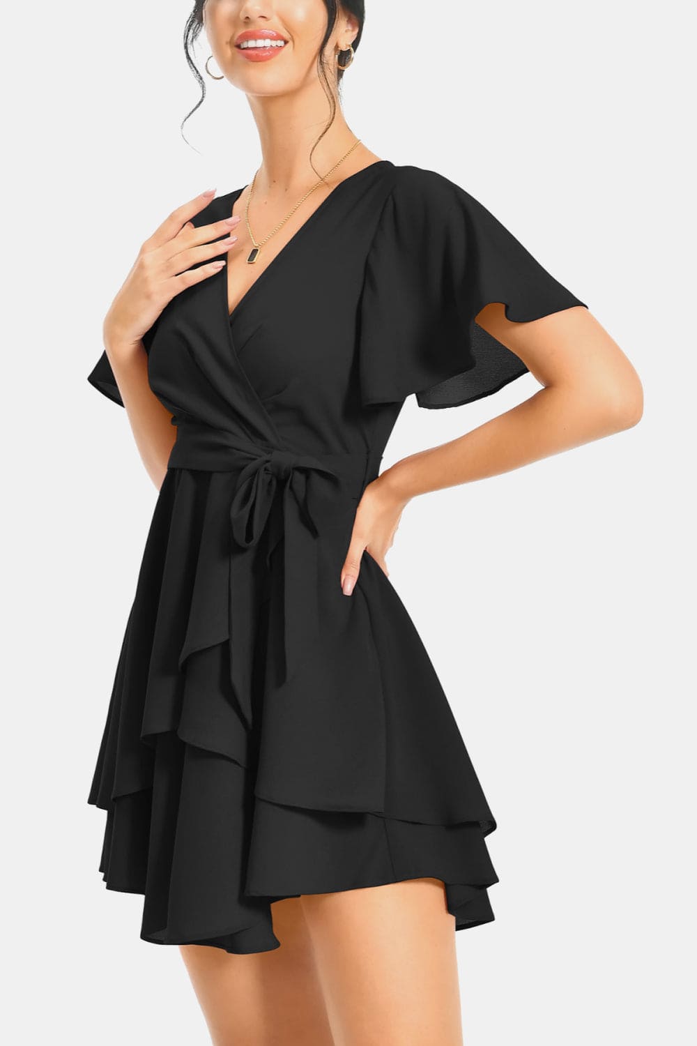 Surplice Neck Flutter Sleeve Dress by Trendsi | Fleurcouture