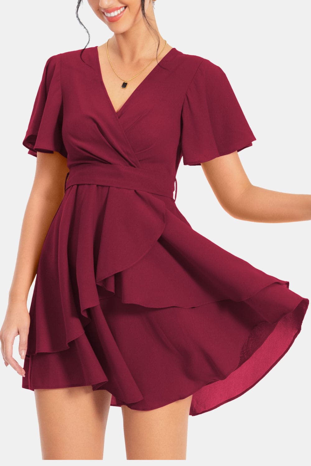 Surplice Neck Flutter Sleeve Dress by Trendsi | Fleurcouture