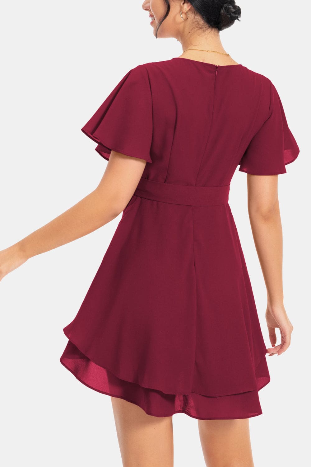 Surplice Neck Flutter Sleeve Dress by Trendsi | Fleurcouture