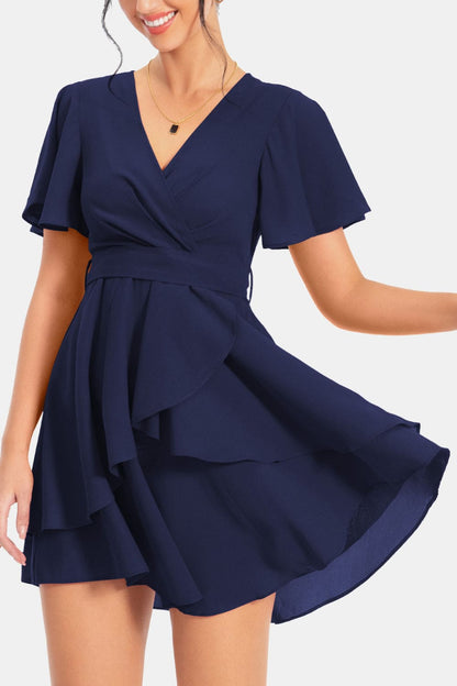 Surplice Neck Flutter Sleeve Dress by Trendsi | Fleurcouture