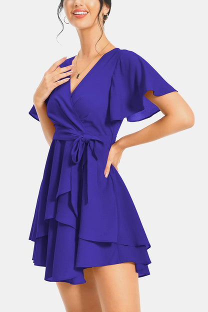 Surplice Neck Flutter Sleeve Dress by Trendsi | Fleurcouture