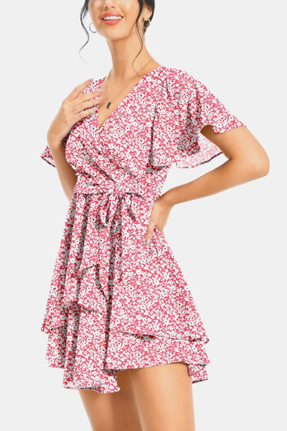 Surplice Neck Flutter Sleeve Dress by Trendsi | Fleurcouture