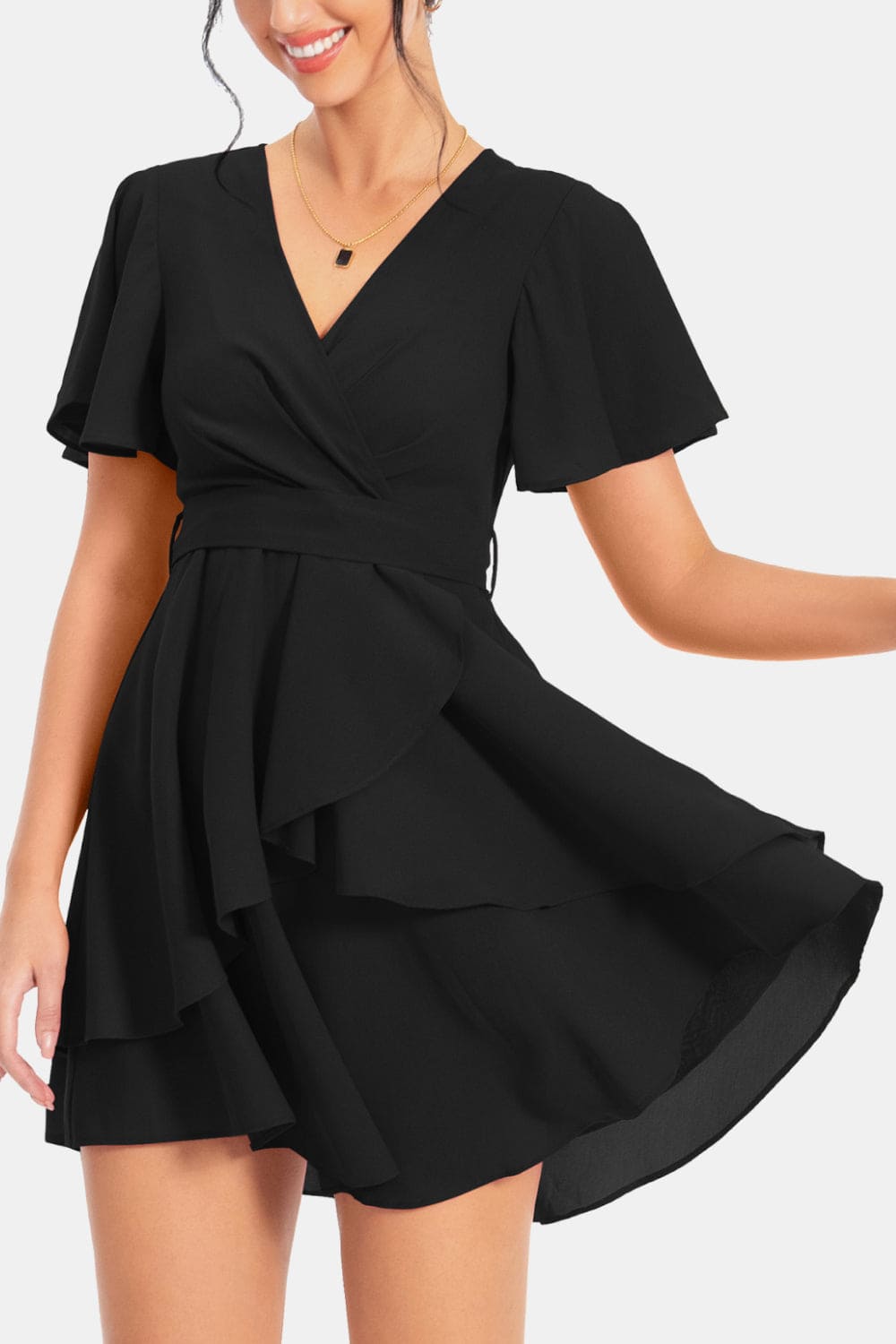 Surplice Neck Flutter Sleeve Dress by Trendsi | Fleurcouture