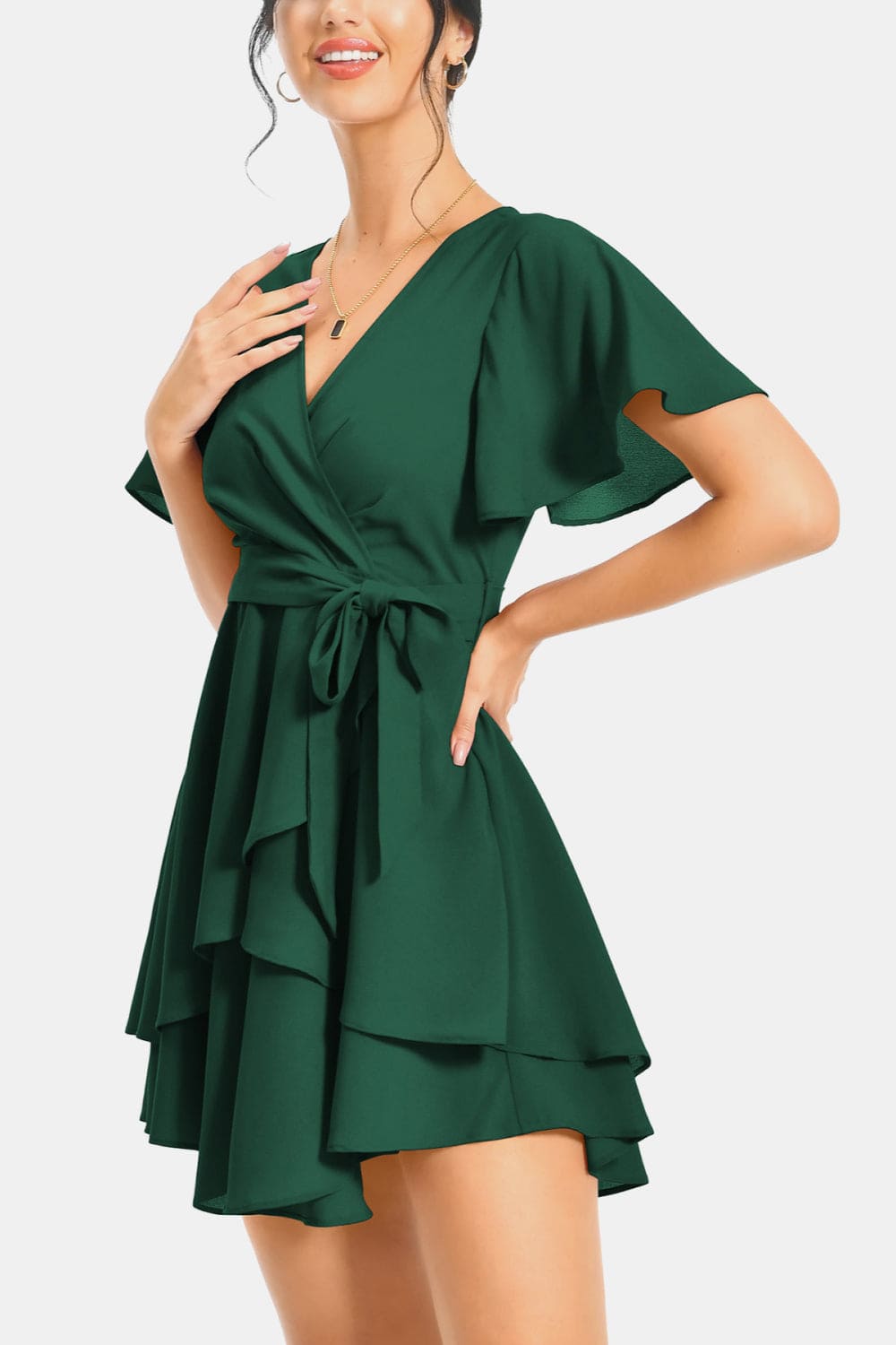 Surplice Neck Flutter Sleeve Dress by Trendsi | Fleurcouture