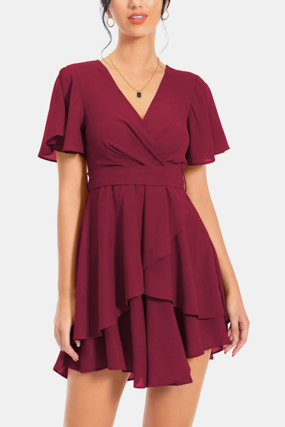 Surplice Neck Flutter Sleeve Dress Wine S by Trendsi | Fleurcouture