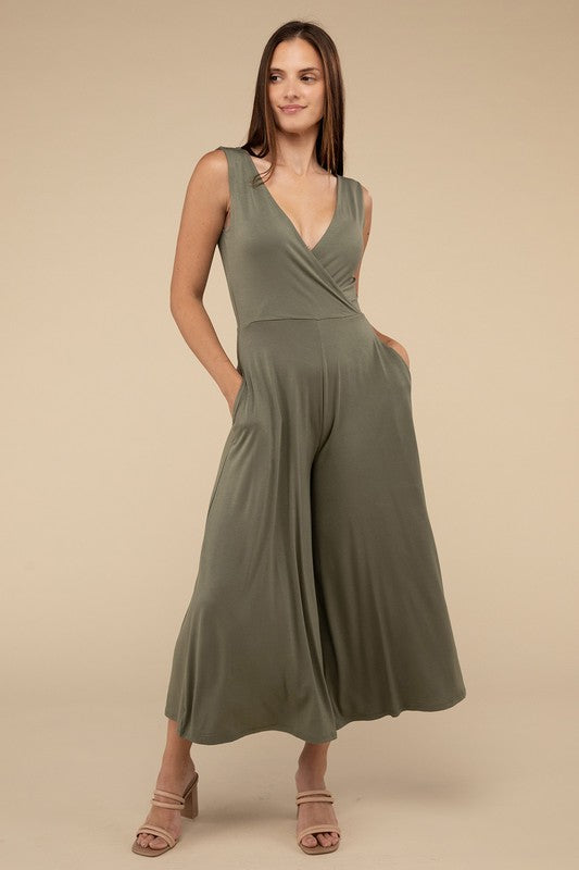 Surplice Neckline Sleeveless Jumpsuit LT OLIVE S by ZENANA | Fleurcouture