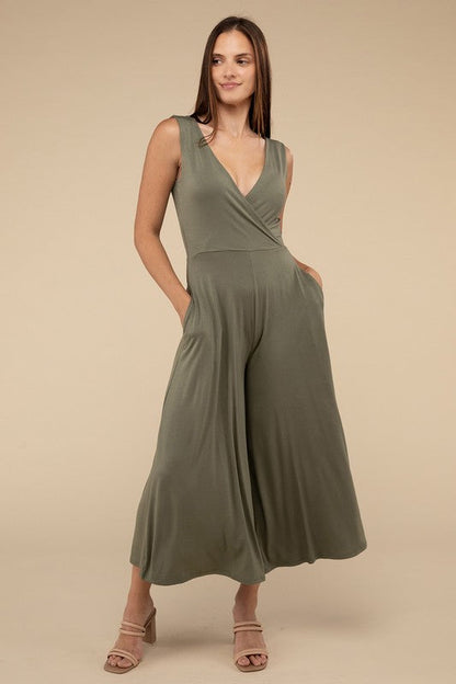 Surplice Neckline Sleeveless Jumpsuit LT OLIVE S by ZENANA | Fleurcouture