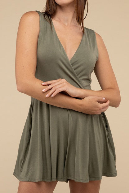 Surplice Neckline Sleeveless Romper LT OLIVE S by ZENANA | Fleurcouture