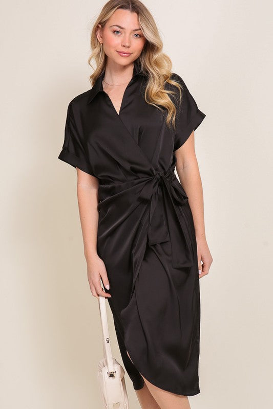 Surplice Satin Wrap Dress Black S by TIMING | Fleurcouture