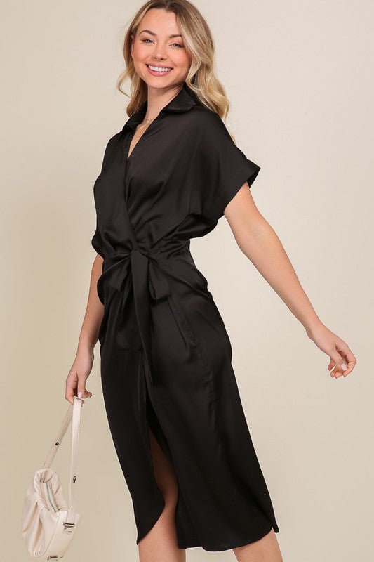 Surplice Satin Wrap Dress Black by TIMING | Fleurcouture