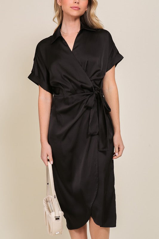 Surplice Satin Wrap Dress Black by TIMING | Fleurcouture