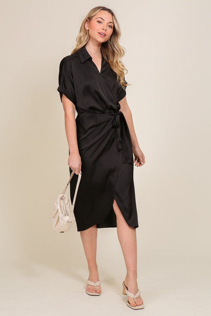 Surplice Satin Wrap Dress Black by TIMING | Fleurcouture