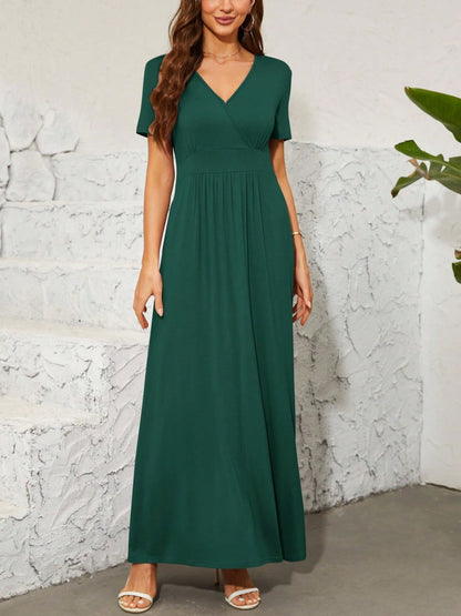 Surplice Short Sleeve Maxi Dress Dark Green S Women&