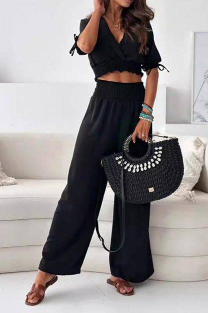 Surplice Short Sleeve Top and Pants Set Black S Women&