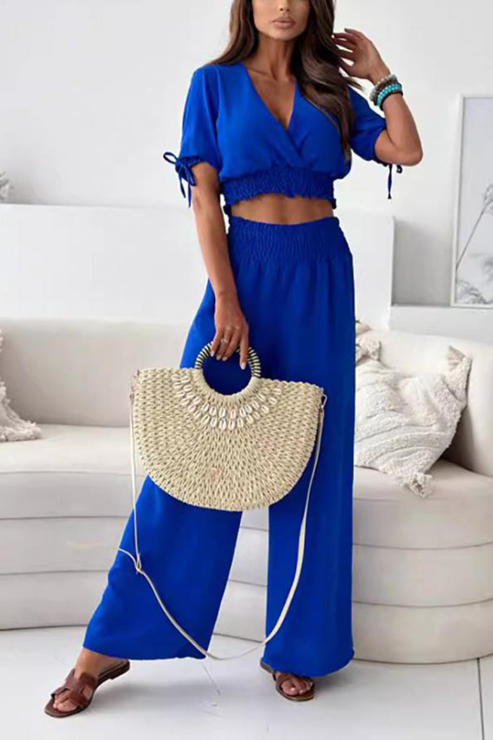 Surplice Short Sleeve Top and Pants Set Royal Blue S Women&