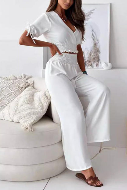 Surplice Short Sleeve Top and Pants Set White S Women&