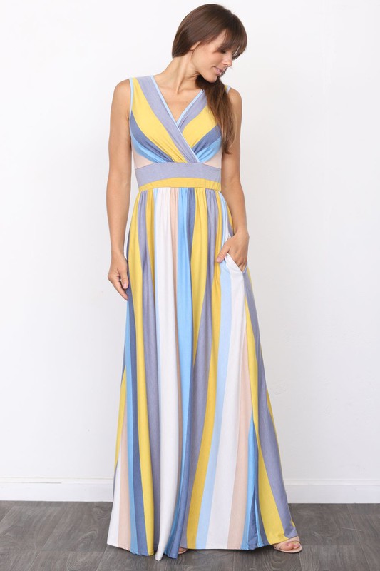 Surplice Stripe Maxi Dress Blue Yellow 1X by EG fashion | Fleurcouture