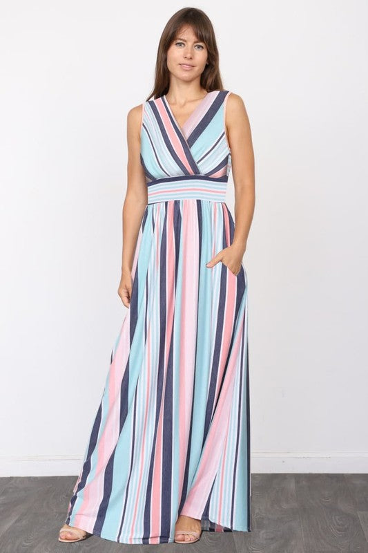 Surplice Stripe Maxi Dress pink blue M by EG fashion | Fleurcouture