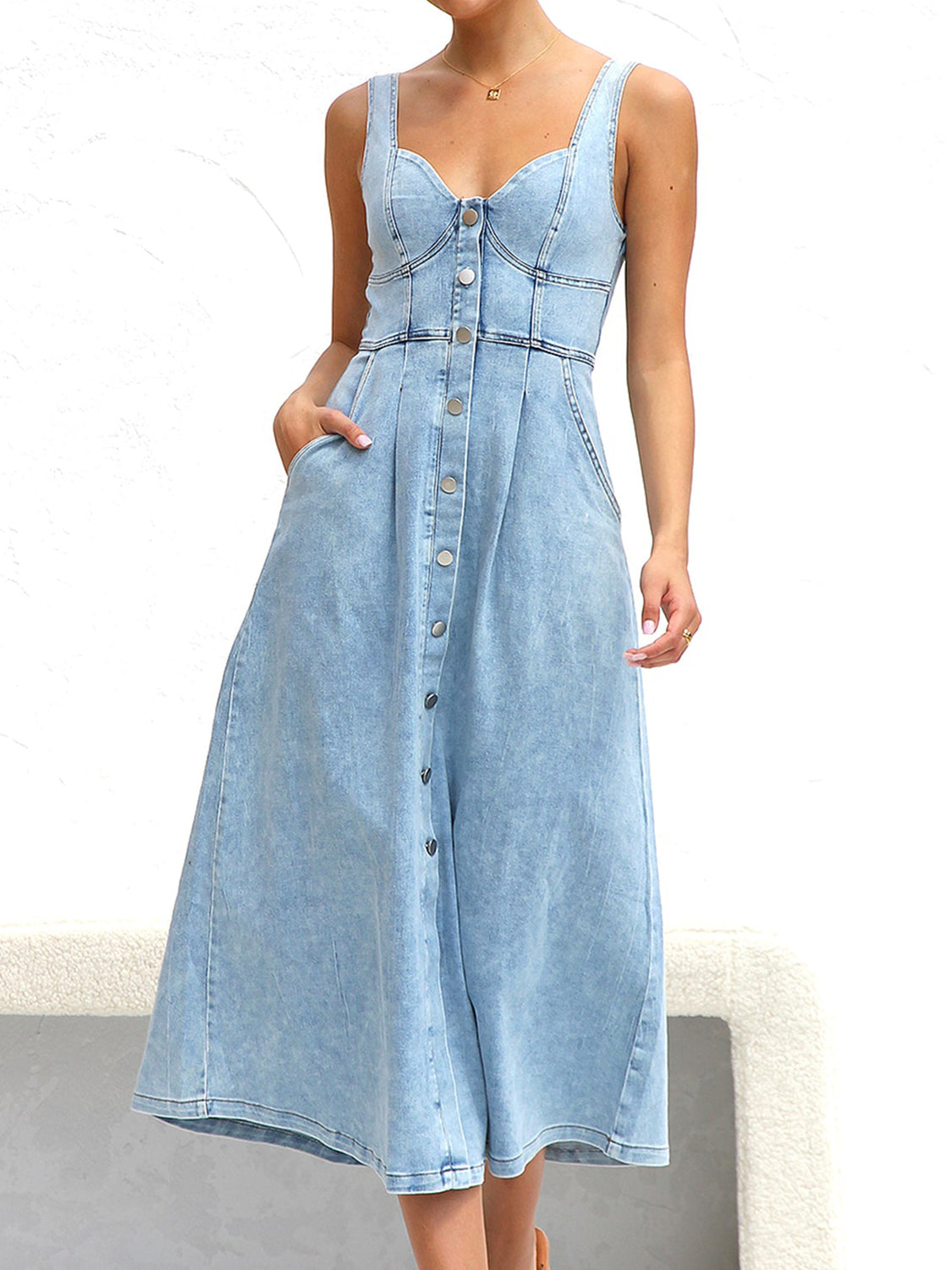 Sweetheart Neck Wide Strap Denim Dress Light S Women&