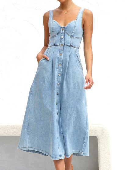 Sweetheart Neck Wide Strap Denim Dress Light S Women&