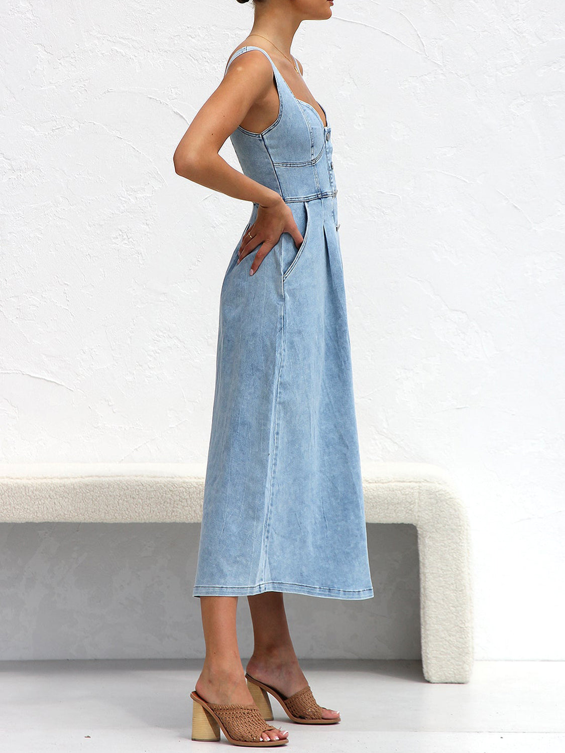 Sweetheart Neck Wide Strap Denim Dress Light Women&