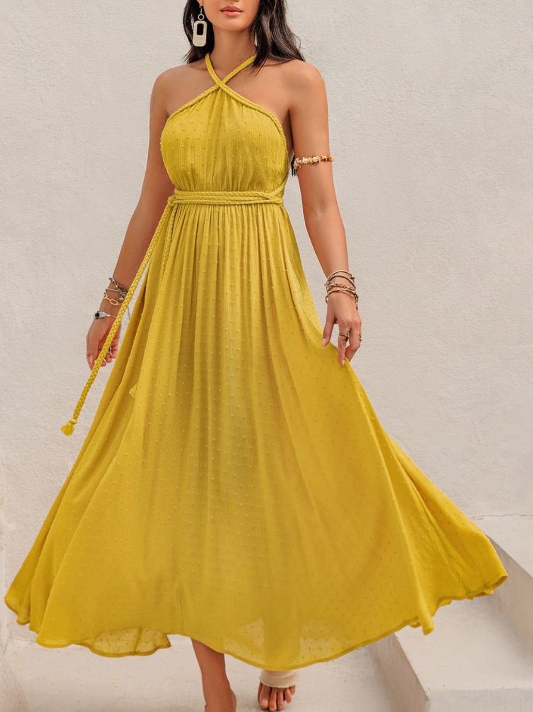 Swiss Dot Backless Sleeveless Maxi Dress Mustard S Women&