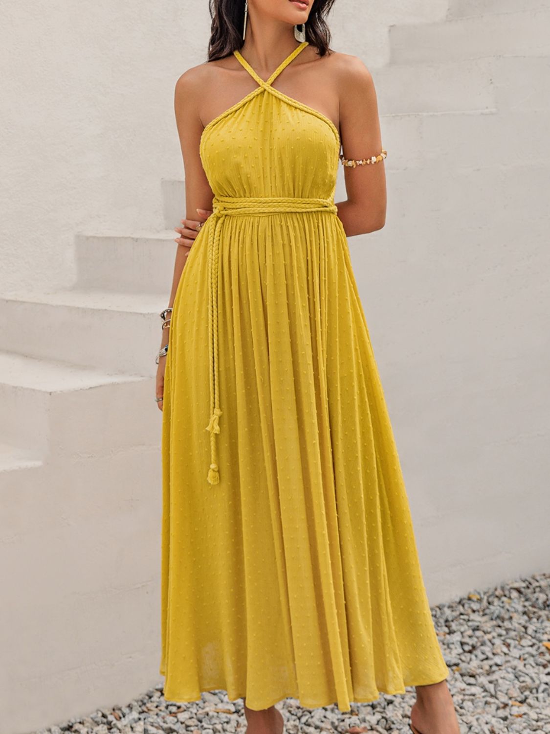 Swiss Dot Backless Sleeveless Maxi Dress Mustard Women&