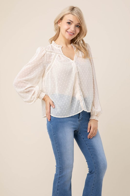 Swiss dot chiffon blouse with ruffled neck Ivory by Lilou | Fleurcouture