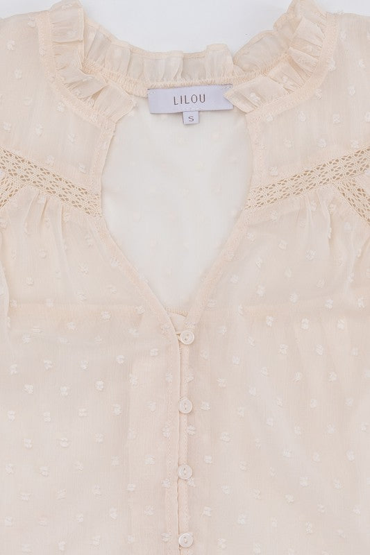 Swiss dot chiffon blouse with ruffled neck Ivory by Lilou | Fleurcouture