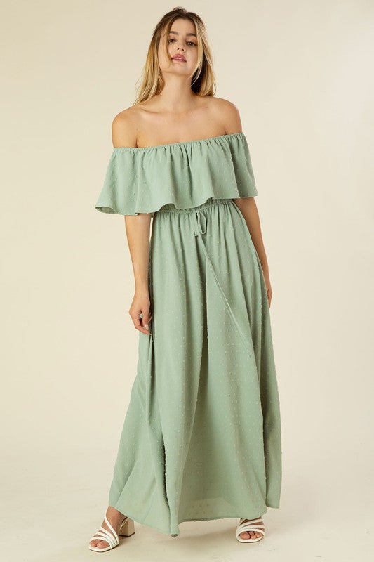 Swiss dot off-shoulder dress Sage by Lilou | Fleurcouture