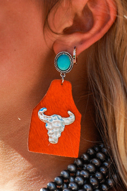 Take A Number Cowboy Orange Cowhide Copper Cow Skull Stud Earrings Orange One Size Earrings by Ashlyn Rose | Fleurcouture