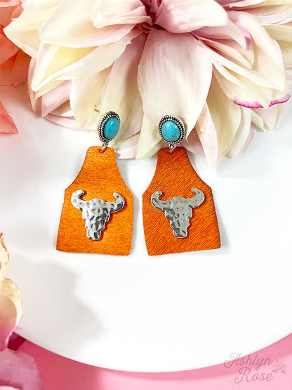 Take A Number Cowboy Orange Cowhide Copper Cow Skull Stud Earrings Orange One Size Earrings by Ashlyn Rose | Fleurcouture