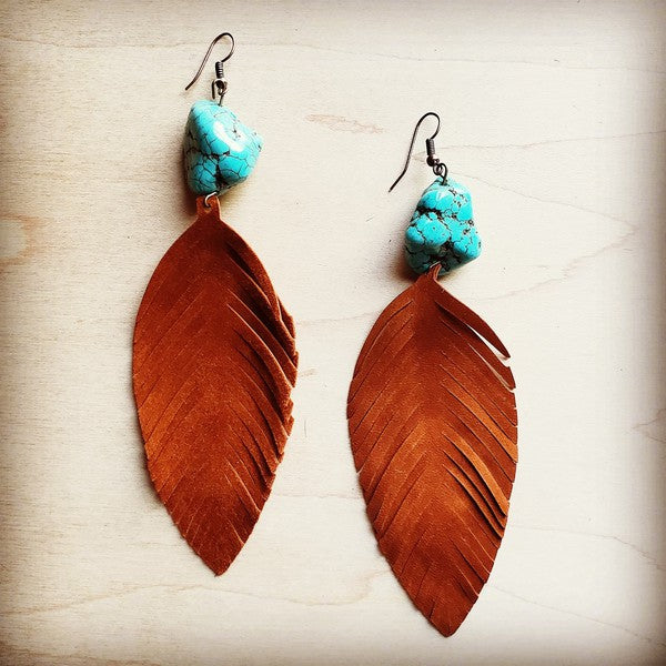 Tan Suede Feather Earrings with Turquoise Chunks blue 1 by The Jewelry Junkie | Fleurcouture