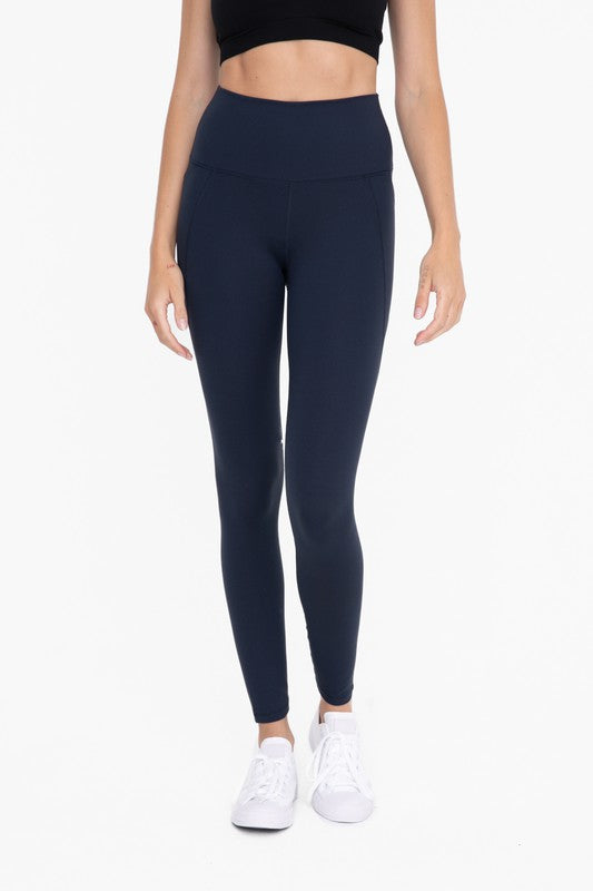 Tapered Band Essential Solid Highwaist Leggings Navy S by Mono B | Fleurcouture