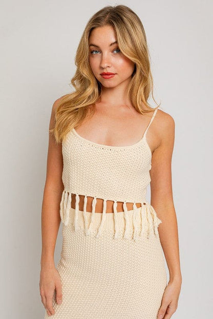 Tassel Detail Spaghetti Sweater Crop Top CREAM XS by LE LIS | Fleurcouture